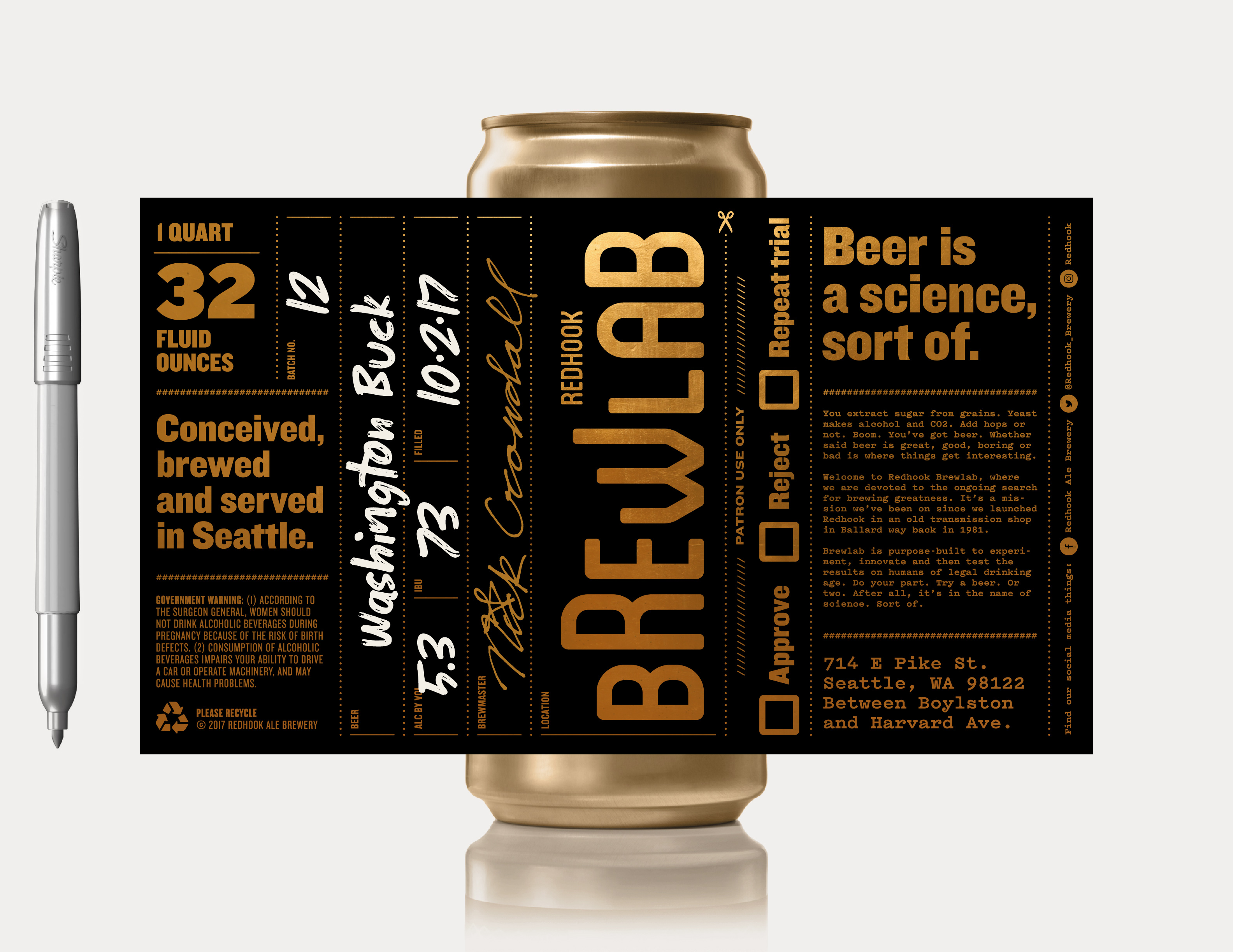 A gold beer can with the black and gold designed brewlab label on a white background. The label is fully rolled out as an image so you can see all the design elements and text that appears on the label. The label is black and the text is gold and white.