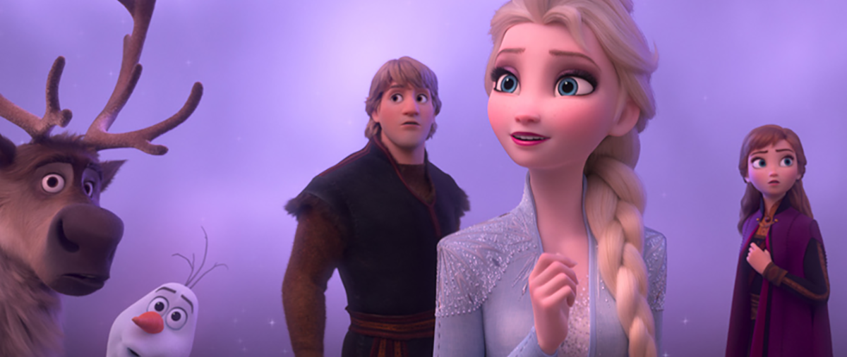 ADWEEK. A scene from the Disney movie Frozen. Elsa, Anna, Olaf, and Sven are posing on a purple background.