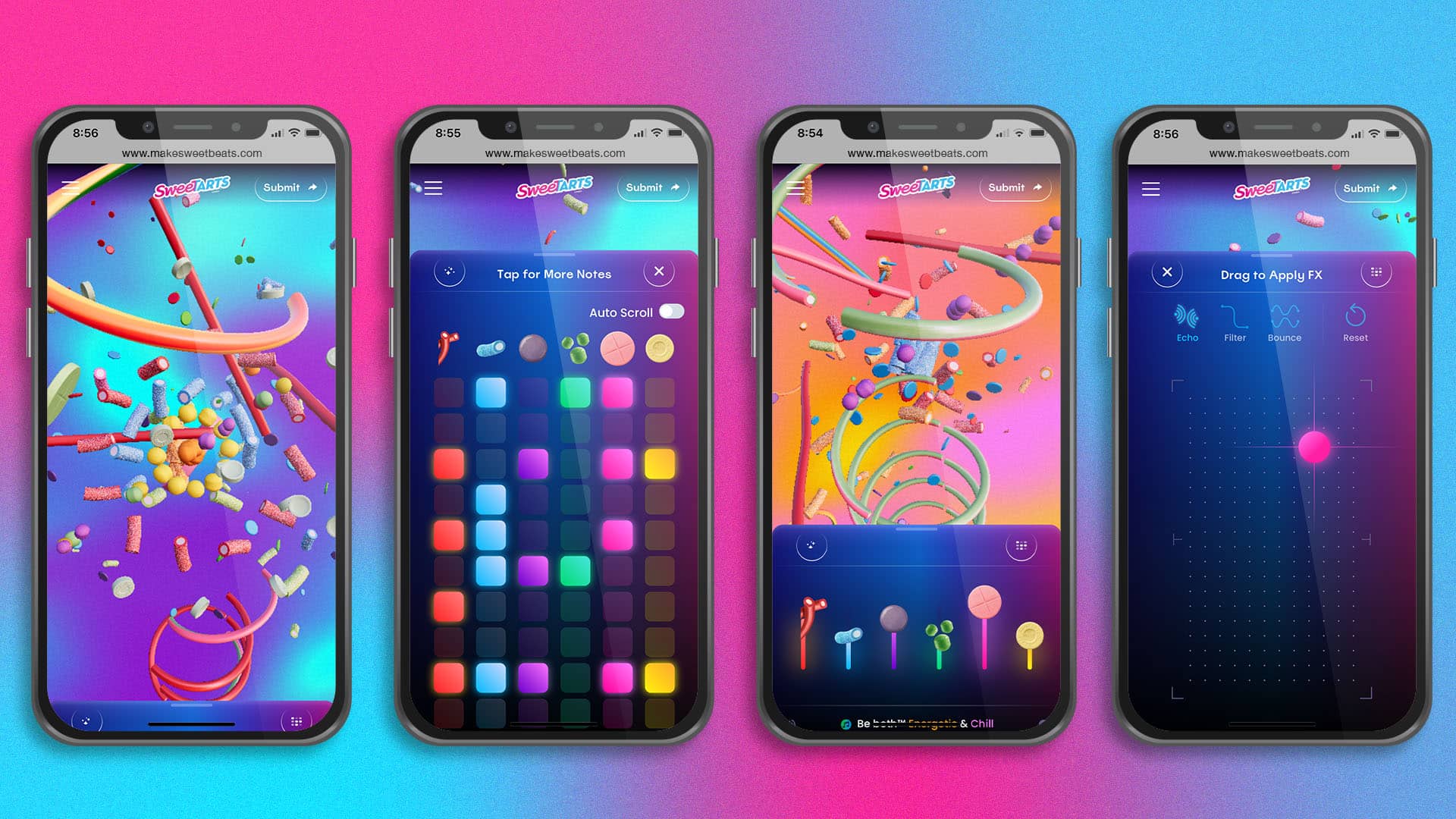 Four mobile phone screens each showing the bright and colorful interface of the Sweet Beats website experience. They look like video games.