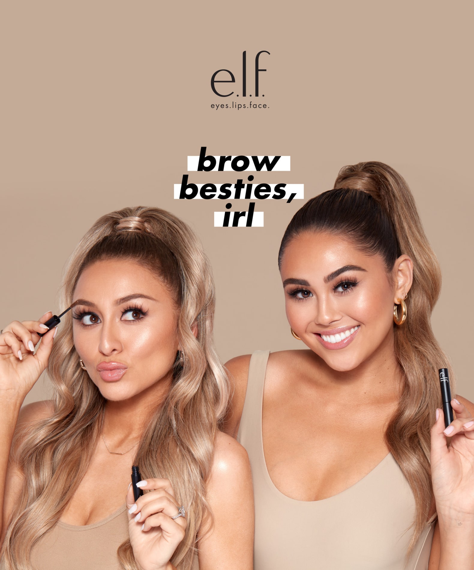 Two smiling people wearing makeup with long ponytails and matching tan tank tops holding eyebrow makeup products from e.l.f. The e.l.f. logo appears in the left corner and the words "brow besties, irl" are in the center on a white background.