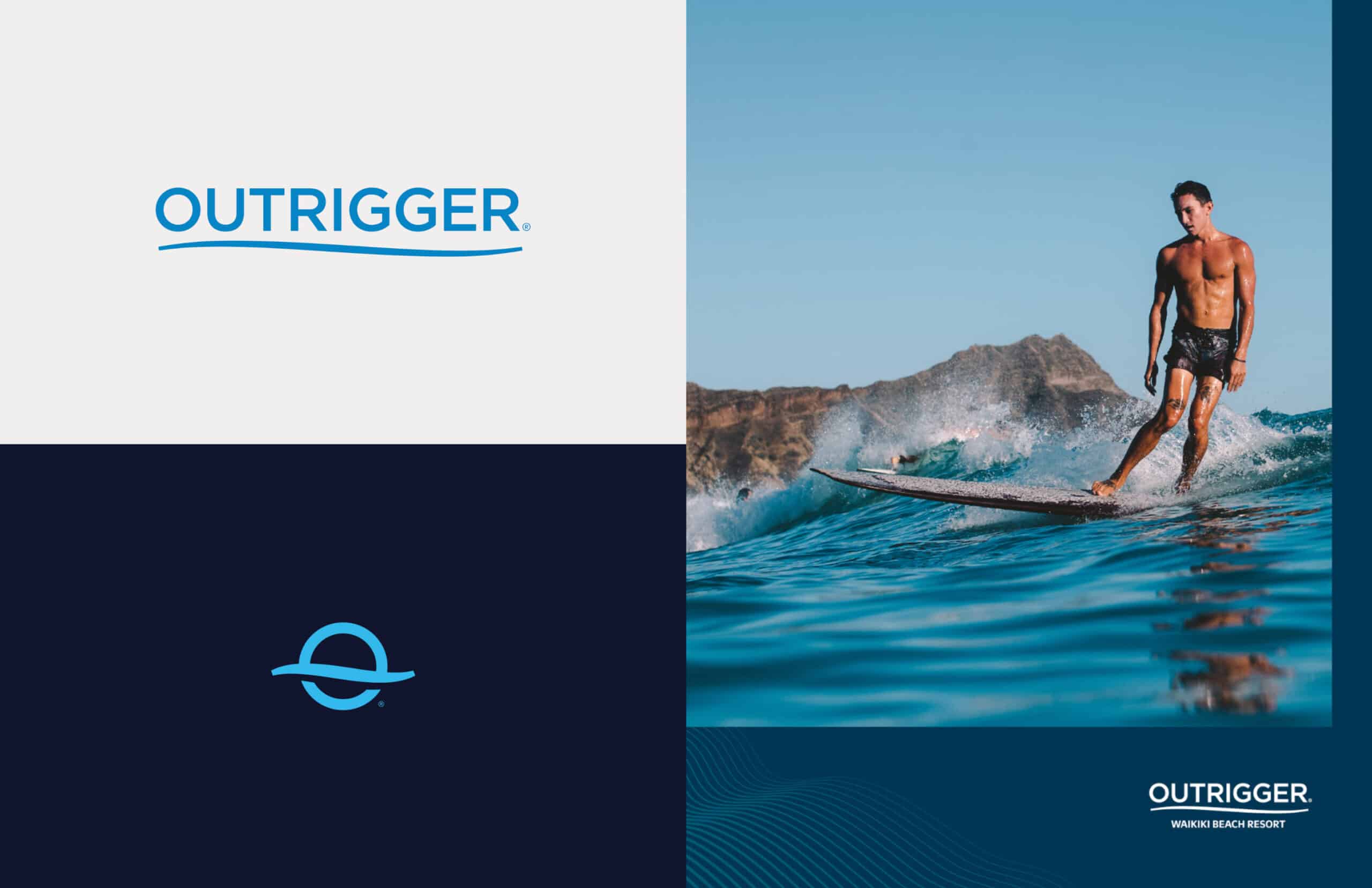 Blue Outrigger logo with off-white background on top left, underneath is a dark blue background with the Outrigger O icon in light blue; on the right is a brochure layout with Outrigger Waikiki Resort in bottom right corner on dark blue background with light blue waves. Main image is a male surfer in board shorts with the mountain head in background.