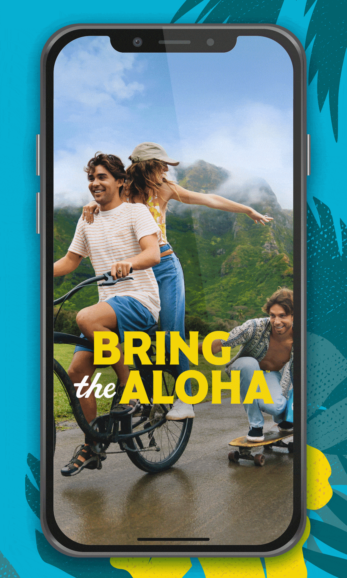 A series of GIFs showing the campaign photography on a mobile phone screen with the tagline, “Bring the Aloha.”