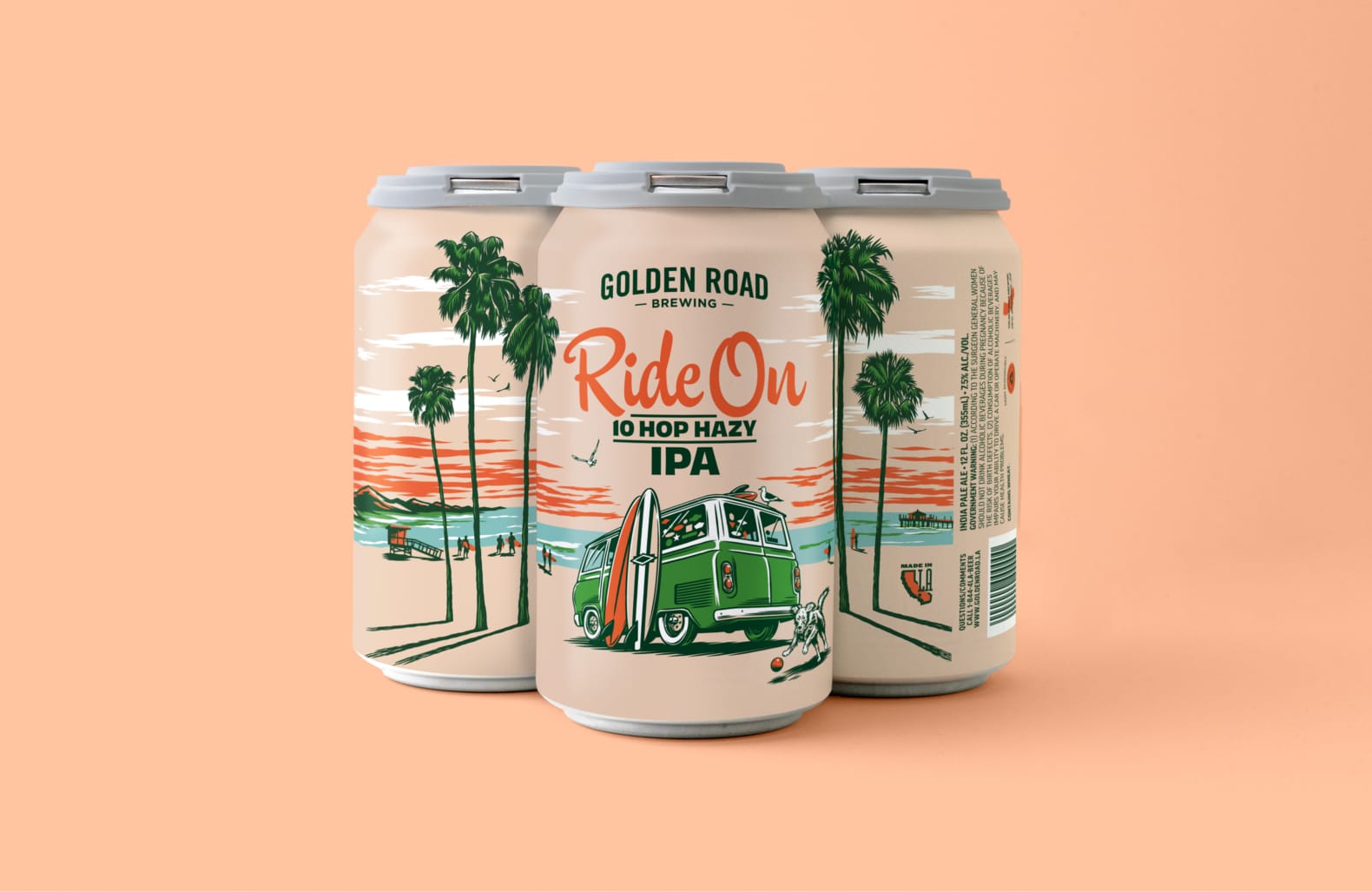 Three cans of Golden Road Ride On 10 Hop Hazy IPA against a light pink background. The can is light pink with a charming illustration showing a green vintage van, surfboards leaning against it, and a cute dog chasing a ball in the foreground. The beer’s name is Ride On 10 Hop Hazy IPA, which is seen in playful pink script and dark green block letters.