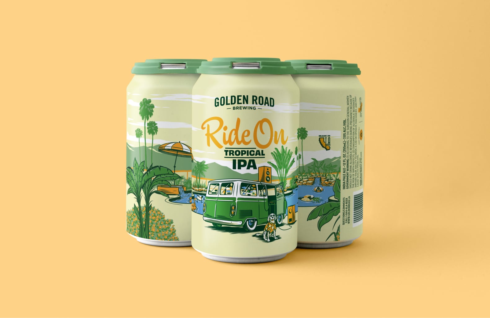 Three cans of Golden Road Ride On Tropical IPA against a yellow background. The can is greenish yellow with an illustration of a vintage green van parked next to a pool. The van has vintage speakers attached to its radio. A dog sits next to the van, implausibly wearing sunglasses and a Hawaiian shirt. The beer name "Ride On Tropic IPA" is shown in playful orange script and dark green block letters.