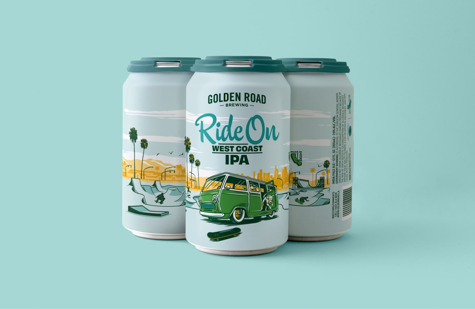 Three cans of Golden Road Ride On West Coast IPA against a light aqua background. The can is light blue with an illustration of a vintage green van parked in front of a skate park with palm trees and a city skyline in the background. A dog leaps from the van toward a dark green skateboard. The beer name "Ride On West Coast IPA" is shown in a dark aqua script and dark green block letters.