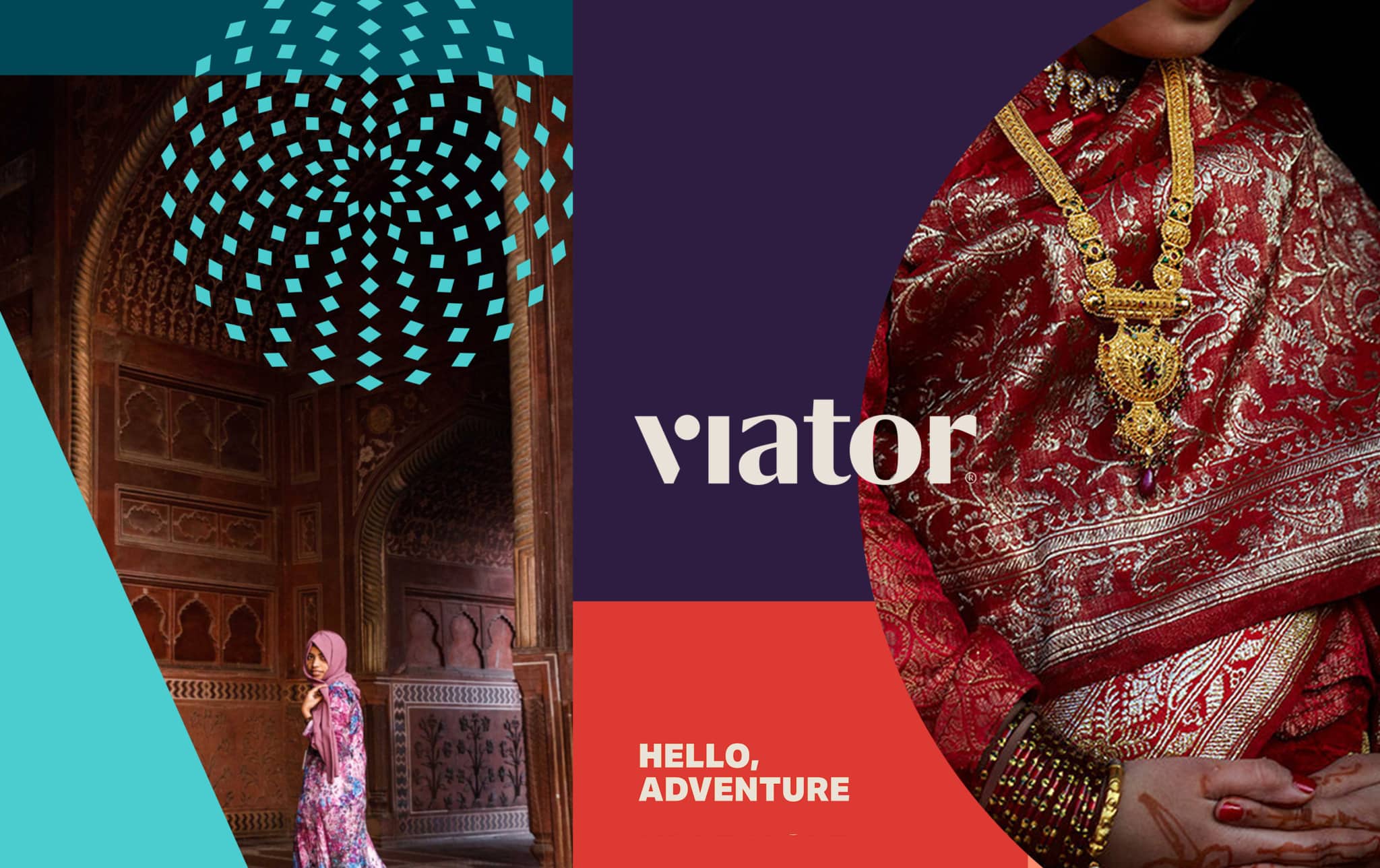 Cover photo for a story about the Viator’s brand redesign. Included in the image are a barefoot 20-something female-presenting person in a pink tunic and mauve hijab. She’s walking in an empty hall with Middle Eastern architectural details. Also included is an image of a person in a red sari, ornate golden necklace and stack of wrist bangles. The image includes the brand’s new tagline “Hello, adventure