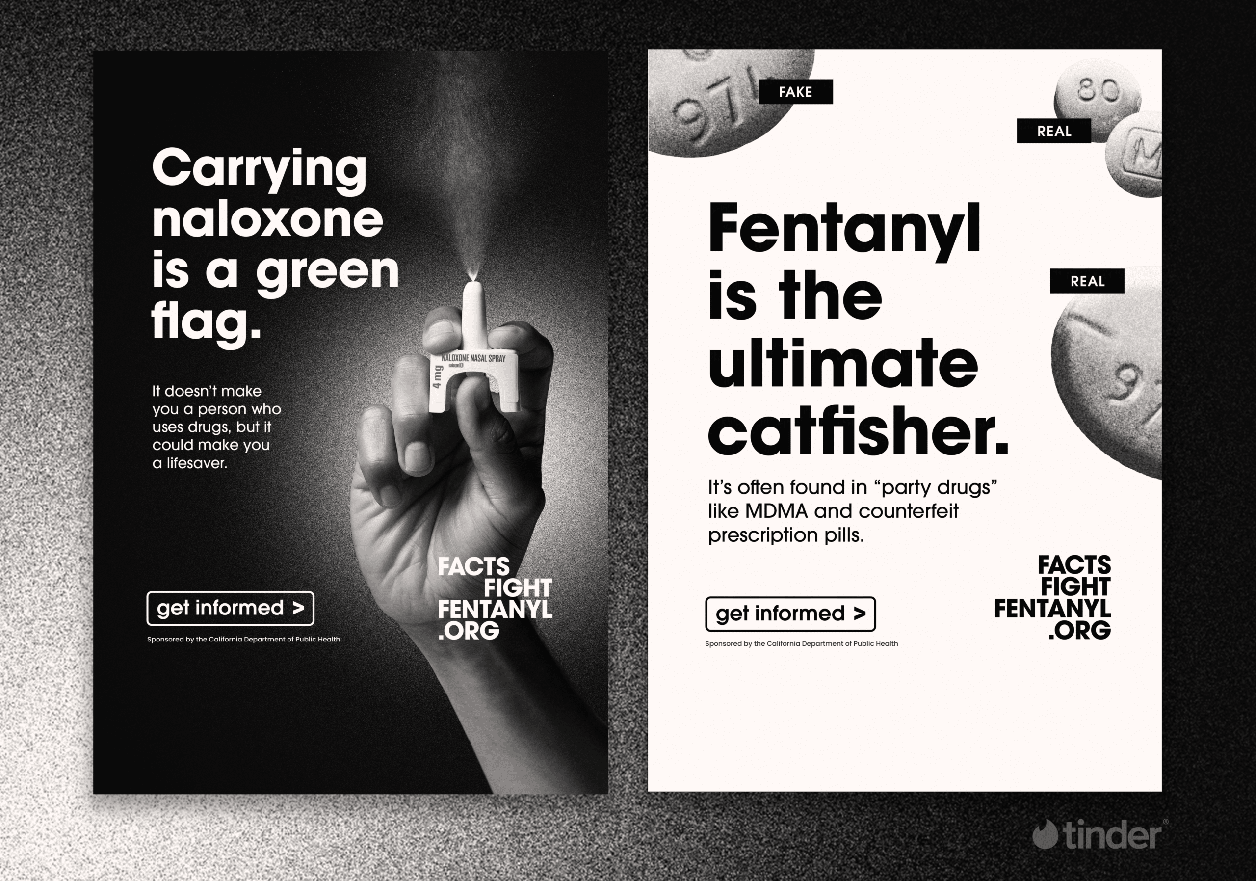 Two grids, each containing several display banners for Tinder and Twitch with contextual headlines that riff on gamer and dating slang, for example: “Fentanyl can spawn in places you didn’t expect” and “Fentanyl is the ultimate catfisher.”