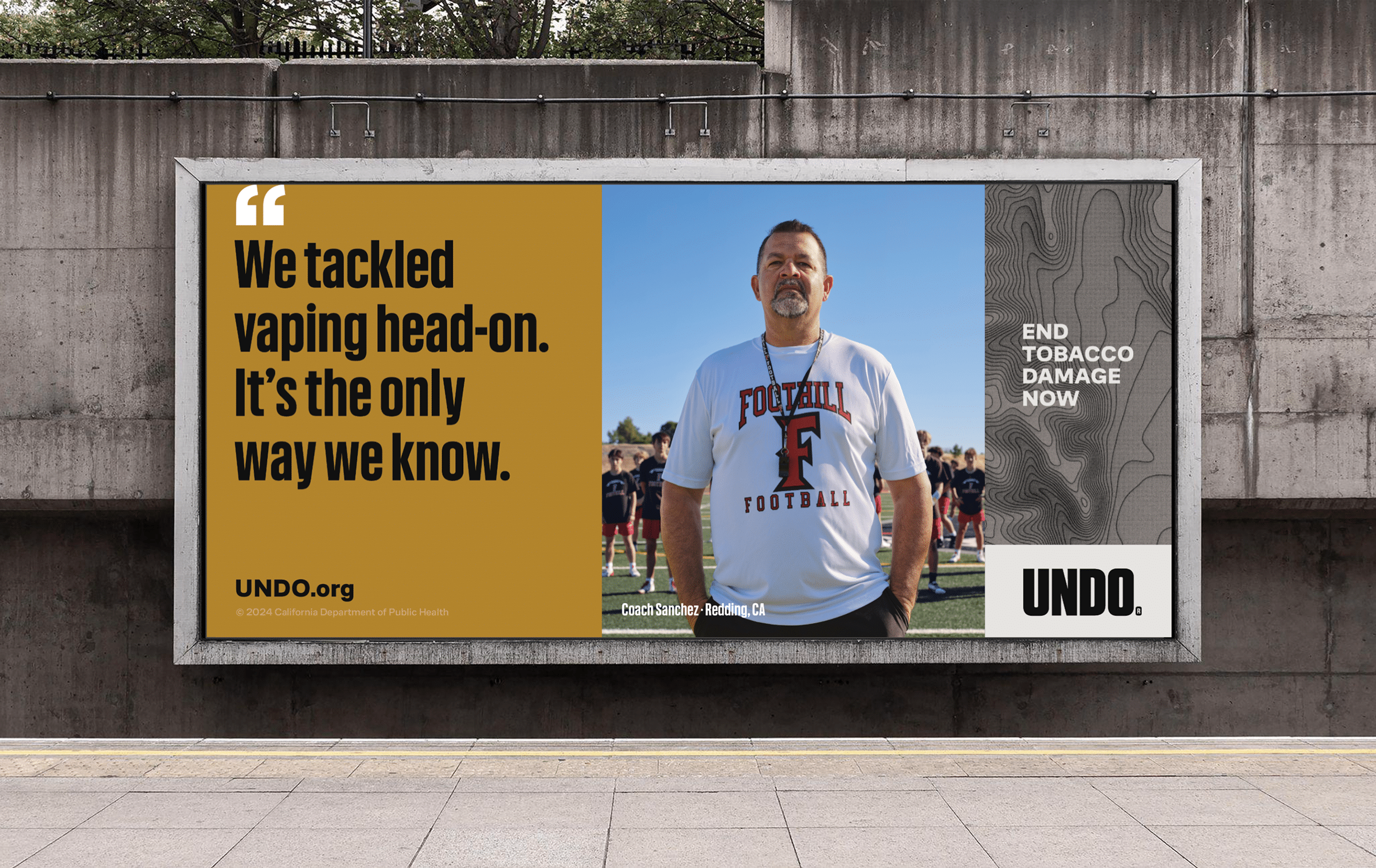 The second is an image of a high school football coach, Jason Sanchez, standing opposite his team. The headline reads: “We tackled vaping head-on. It’s the only way we know.“